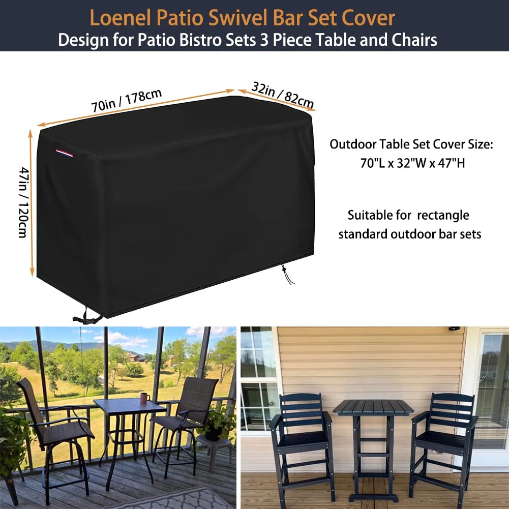 Housse de table et de chaise de bar d'extérieur - Imperméable et résistante - Pour meubles rectangulaires de 193 cm de long - 193 cm (L) x 86,4 cm (l) x 106,7 cm (H)