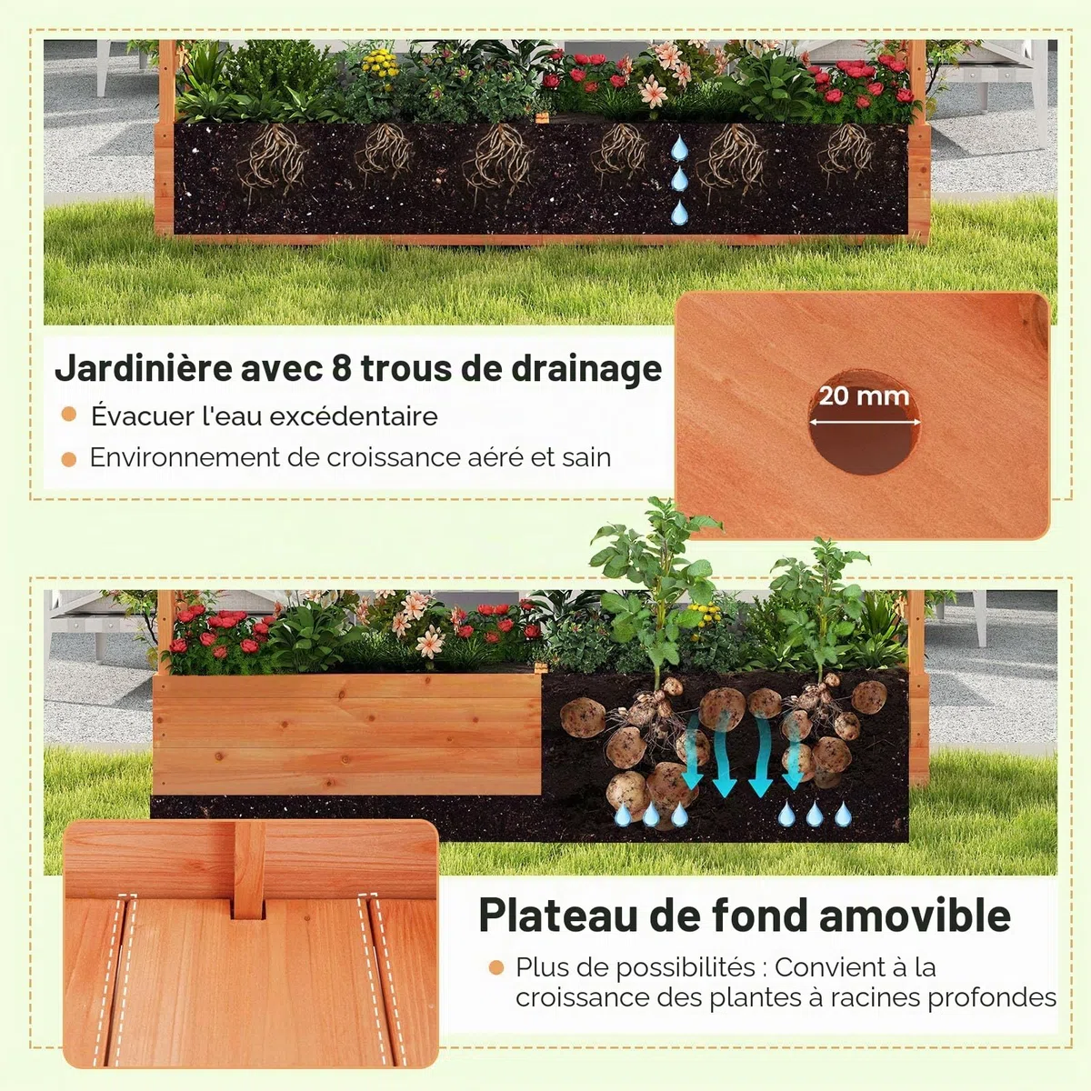 SOARS Jardinière surélevée avec treillis - 200 x 44 x 114 cm - Jardinière avec treillis et toit - Jardinière avec tuteur - Jardinière surélevée pour jardin, balcon, bois, pour fleurs, plantes