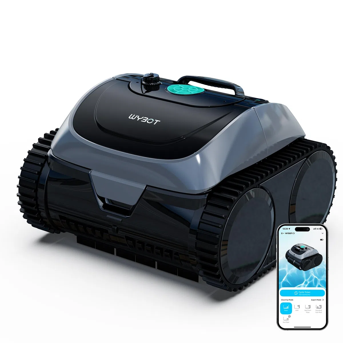 WYBOT C1-P robot piscine sans fil – Aspirateur 4-en-1 (robot piscine hors sol & enterrée) : robot piscine fond et parois, aspiration renforcée, 5 modes, navigation+APP, jusqu’à 155m² – Vert Acier Jade