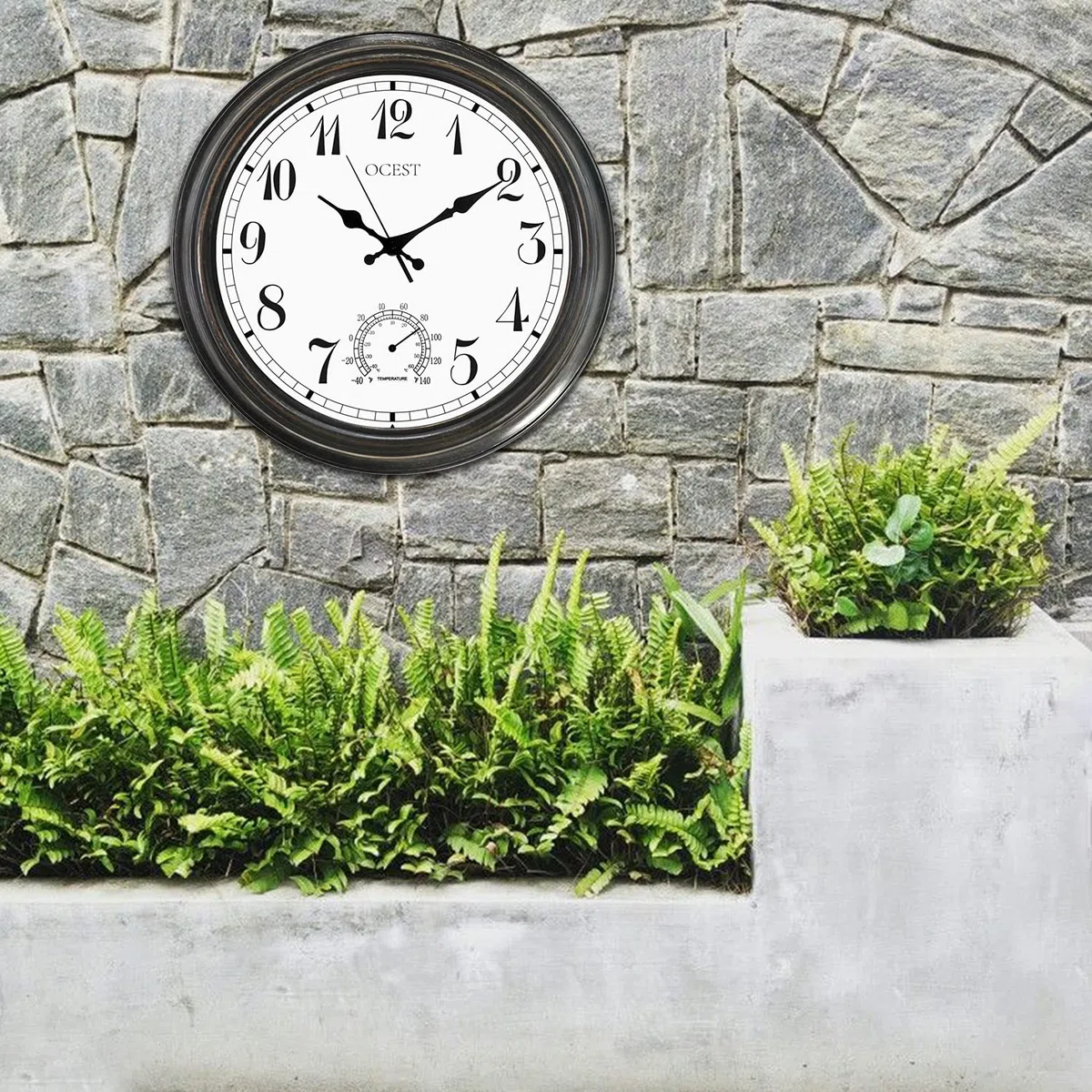 OCEST Grande horloge murale d'extérieur et d'intérieur,Étanche,Avec thermomètre,Résistante aux intempéries,Sans tic-tac,À piles,Pour terrasse, piscine, lanai, clôture, porche, salle de bain,40.6 cm