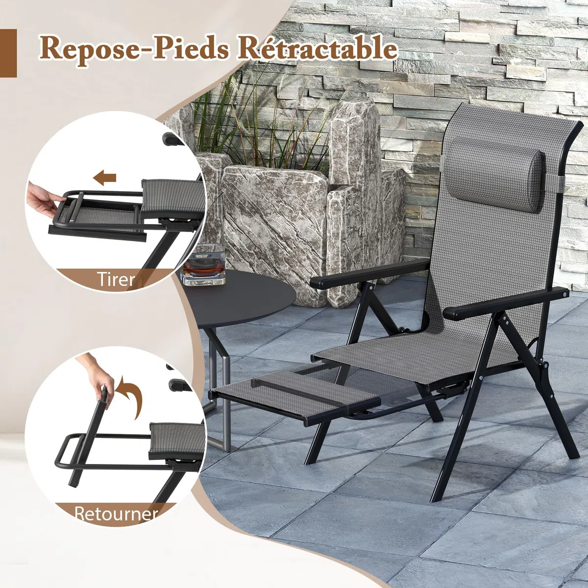 COSTWAY Chaises de Jardin Exterieur, Chaises Pliantes Réglables sur 10 Niveaux, Repose-Pied Rétractable, Appui-tête, Fauteuil Pliante pour Jardin Camping Piscine, Charge 150 kg (2)