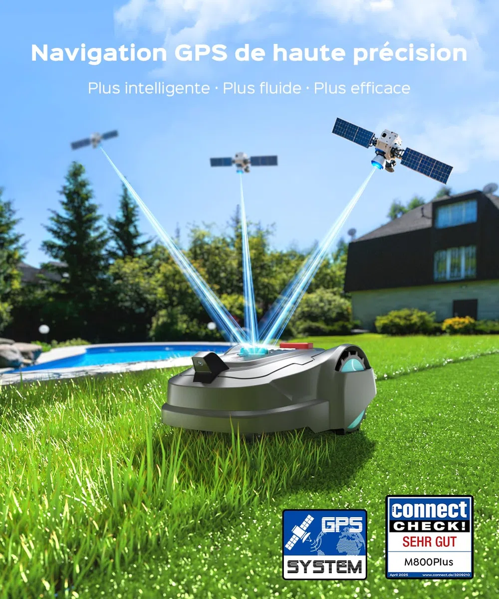 YARDCARE M800Plus Robot Tondeuse Sans Fil Périphérique,jusqu'à 800 m²,Positionnement GPS +Vision, Tondeuse Robot Sans Câble,Mode de Tonte en U,Contrôle Via App,Recharge Automatique,Détection Obstacles
