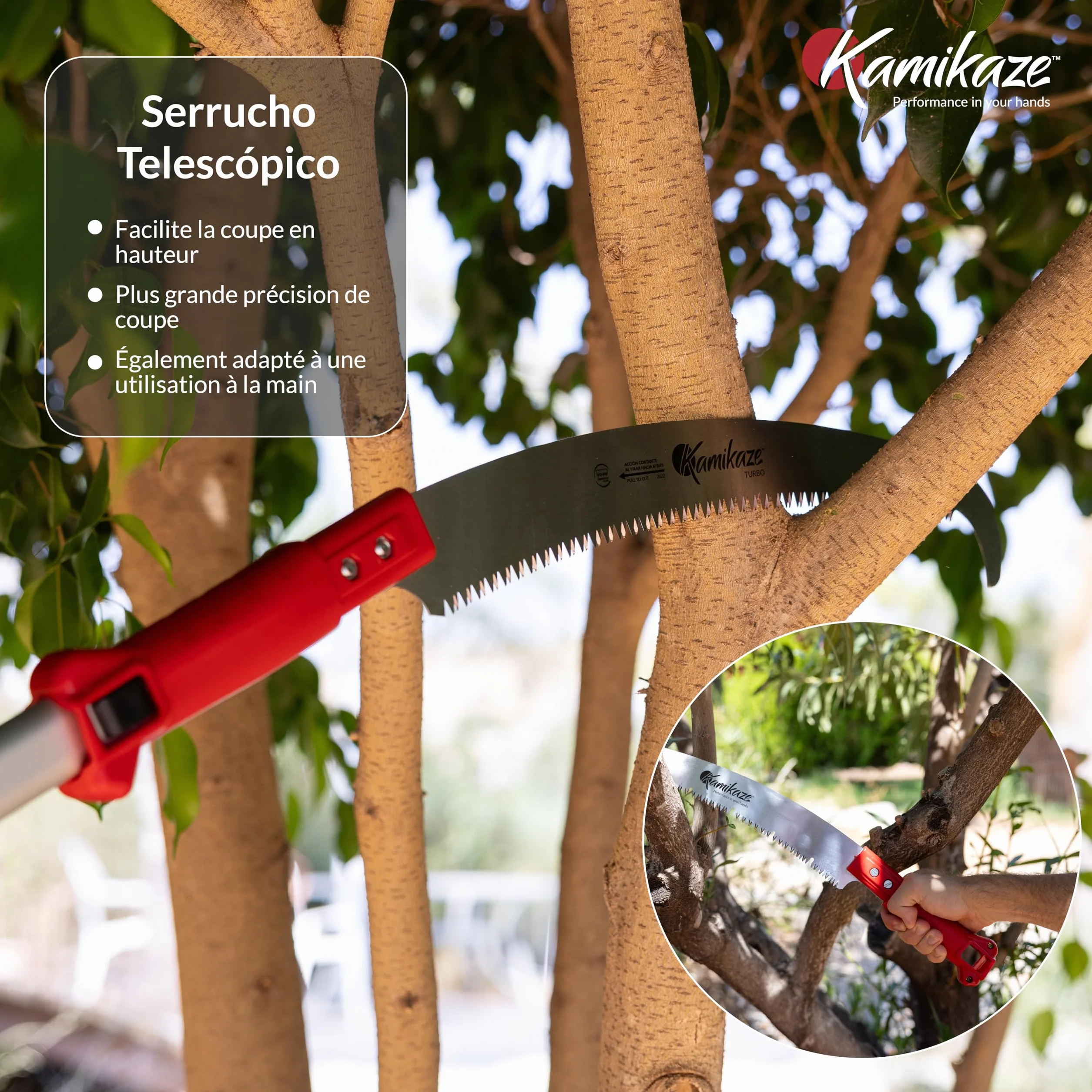 KAMIKAZE Scie multi-tool MT-330 Lame incurvée de 33 cm Coupe japonaise Manche en polyamide rouge Idéal pour l'élagage des branches et l'aménagement paysager