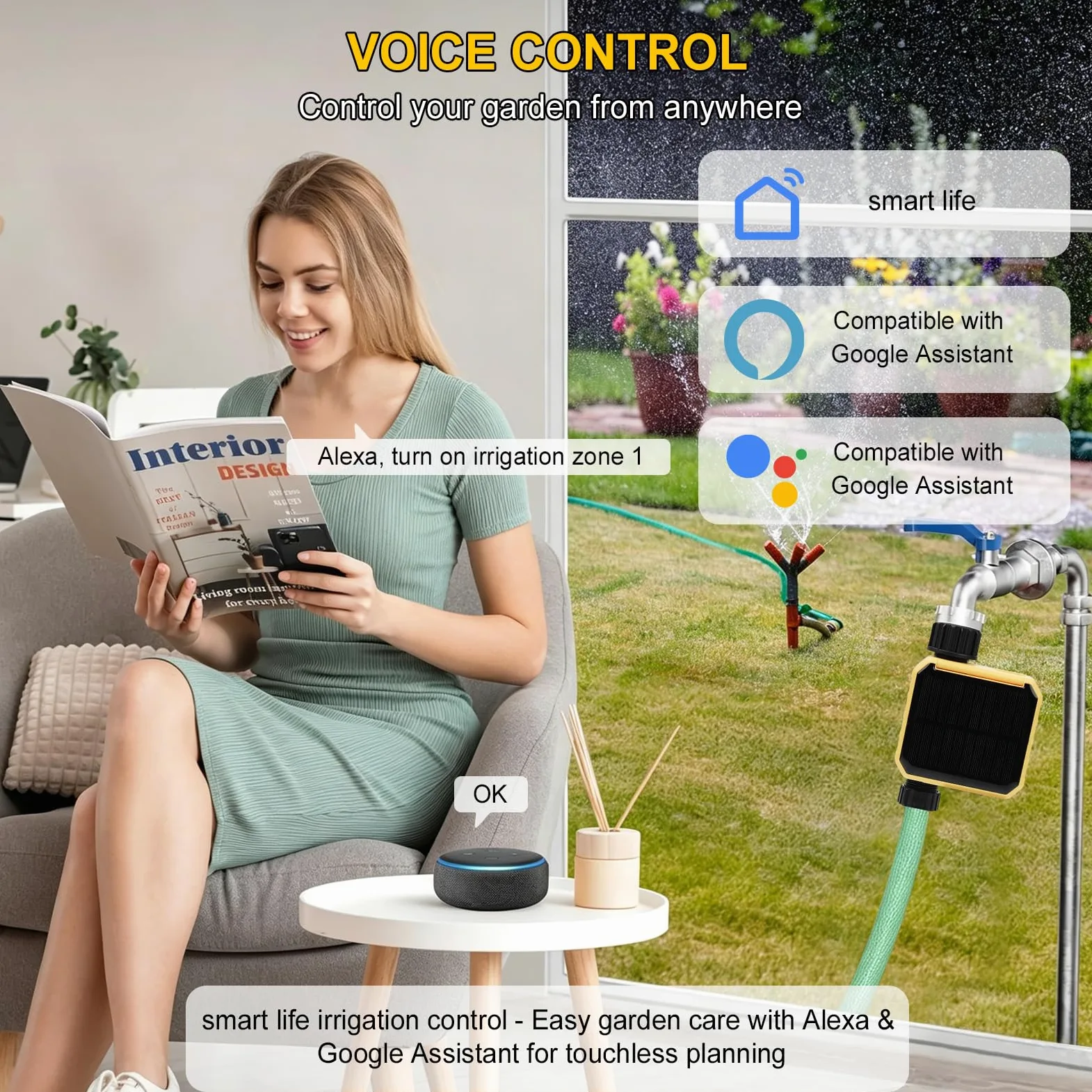 Nikou Ordinateur d'irrigation WiFi, Programmateur Arrosage Automatique Solaire Minuteur d'arrosage Intelligent avec Retard de Pluie, Compatible avec APP et Alexa, pour Jardin, Pelouse (1 Sorties)
