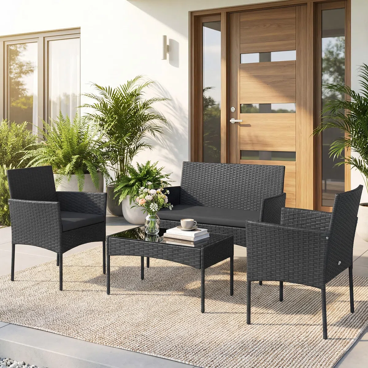 COSTWAY Ensemble Salon de Jardin 4 Pièces en Résine, Mobilier d'Extérieur avec 2 Fauteuils Canapé 2 Places Table Basse Plateau en Verre Trempé Coussins Amovibles, pour Terrasse Jardin (Noir+Noir)