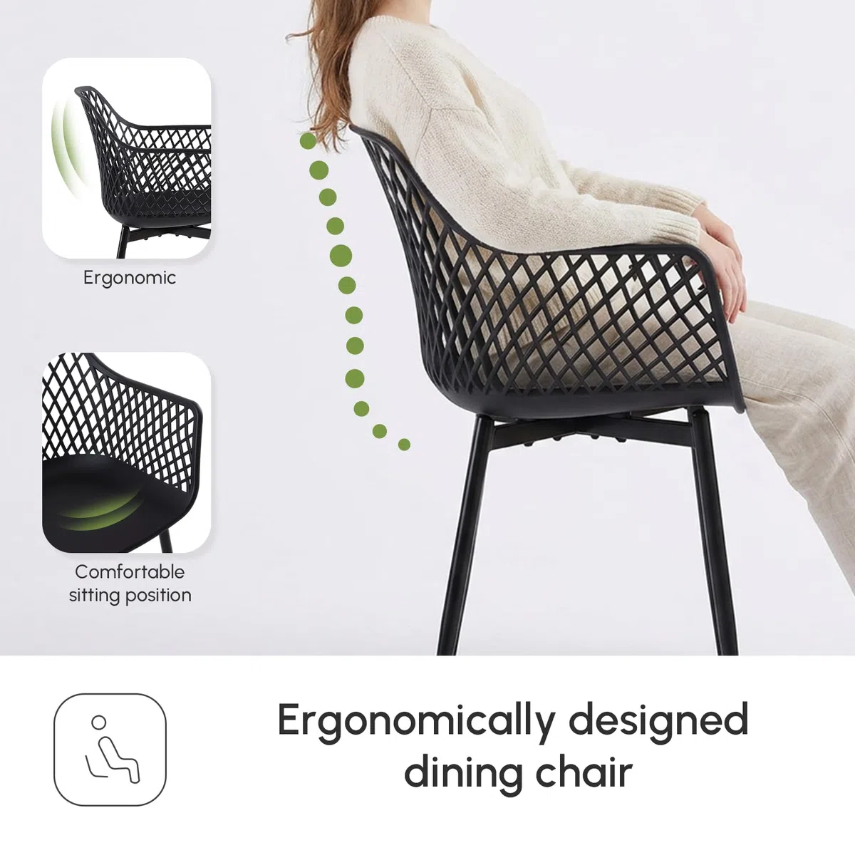 buybyroom Lot de 4 Chaise de Jardin, Chaise Exterieur Terrasse, Siège en PP, Pieds en Métal avec Accoudoirs et Patins Réglables, Charge Maximale 120 KG, Noir
