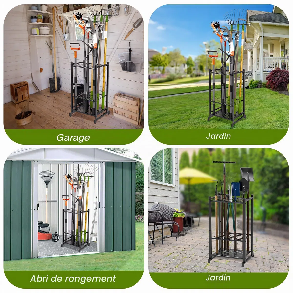 Organiseur outil de jardin et tour robuste pour l'organisation et le rangement du garage, jusqu'à 35 outils à long manche, râteaux/balais