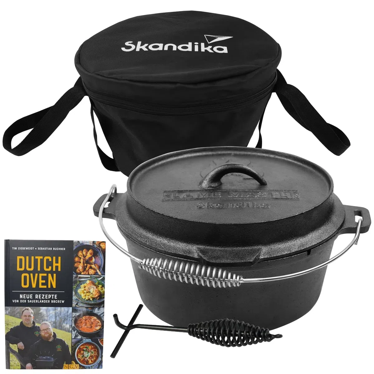 Skandika Dutch Oven Flame Master 5,1-13,8 L | Faitout Marmite en fonte avec couvercle, avec/sans pieds, lève-couvercle et sac | Four hollandais, barbecue, camping (13,8 litres, Sans pieds)