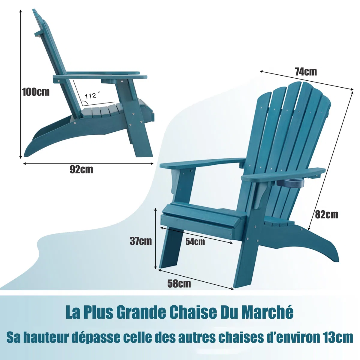 EFURDEN Adirondack Chaise Adirondack avec porte-gobelet en poly Lumber Outdoor en forme de grenouille - Charge maximale : 160 kg - Parfaite pour la piscine et la terrasse