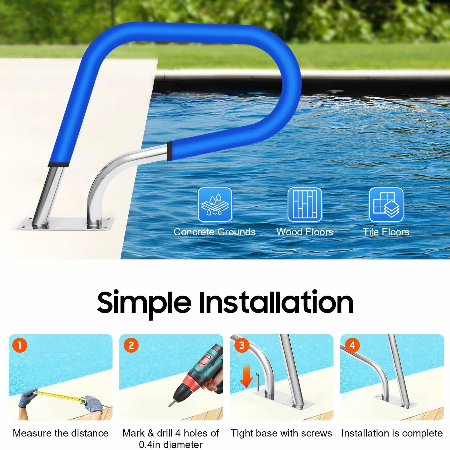Main courante en acier inoxydable pour piscine - Rampe de piscine - Main courante pour piscine - Barre d'appui en U - Piscines en forme de U - Parcs aquatiques - 120 kg
