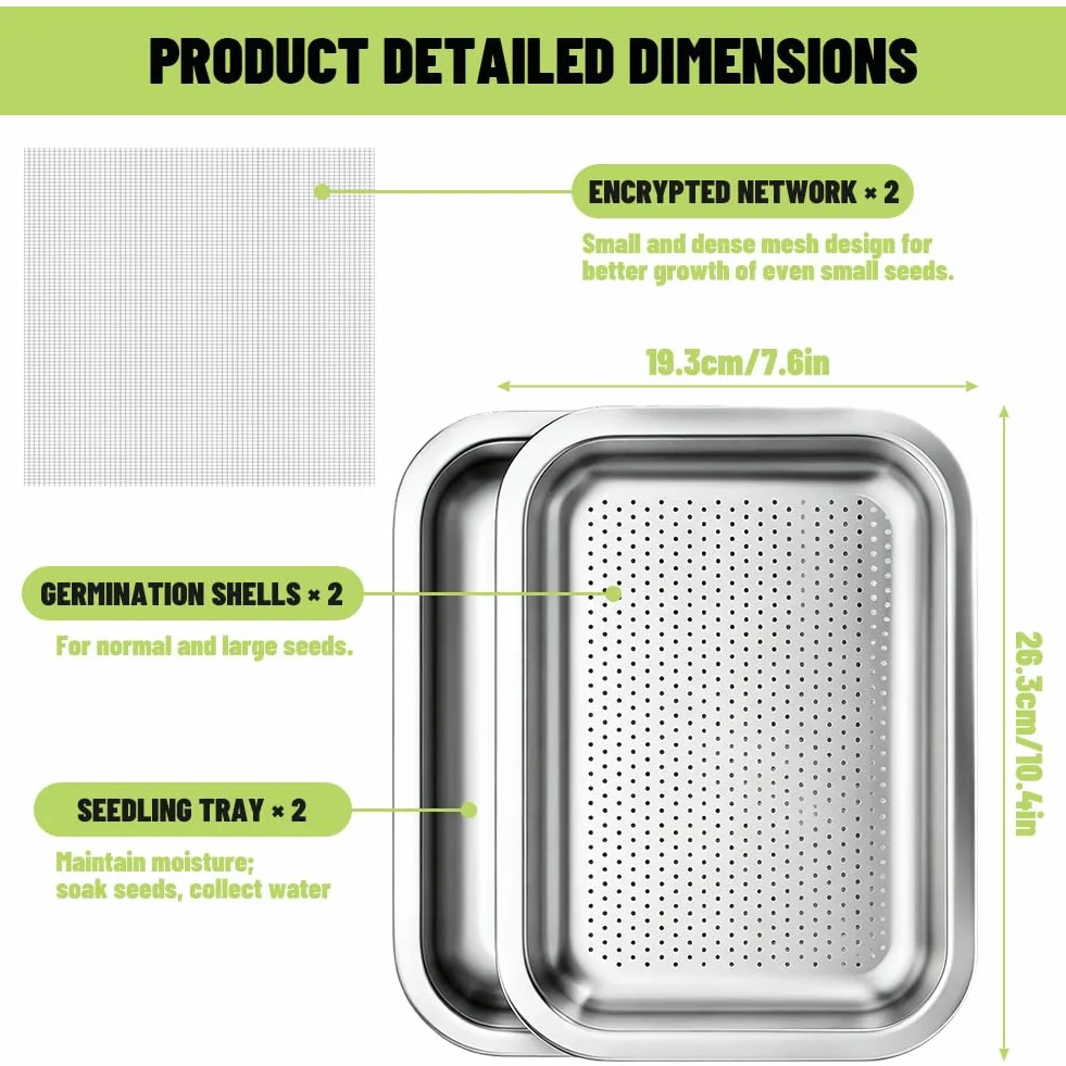 Lot de 2 Germoirs en Acier Inoxydable 26 x 19 cm, Plateau de Germination 2 en 1 pour Graines et Microgreens, Bac à Germes Réutilisable Passe au Lave-Vaisselle, Culture Facile à Domicile