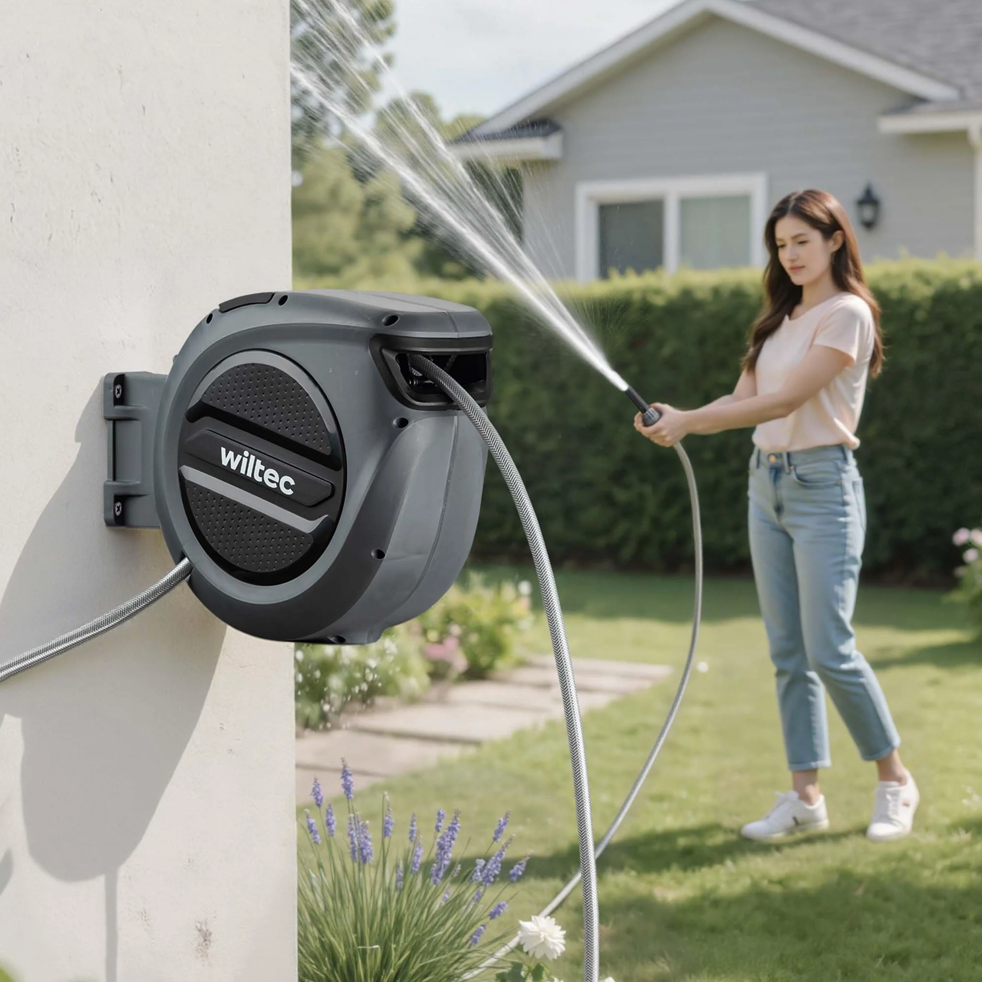 XPOtool Schlauchbox mit Aufroll-Automatik 15m Wasserschlauch zur Wandmontage für Gartenbewässerung