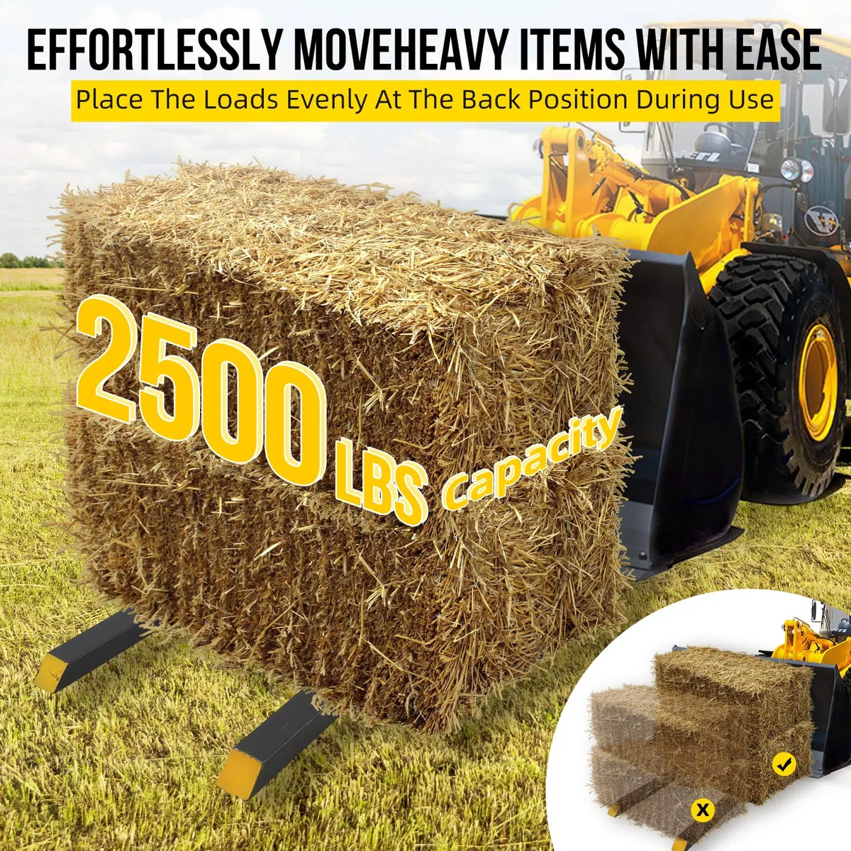 Garvee Fourches à palettes 152 cm capacité 1814 kg – Robustes avec barre stabilisatrice réglable, fixation rapide – Pour chargeur tracteur et skid steer