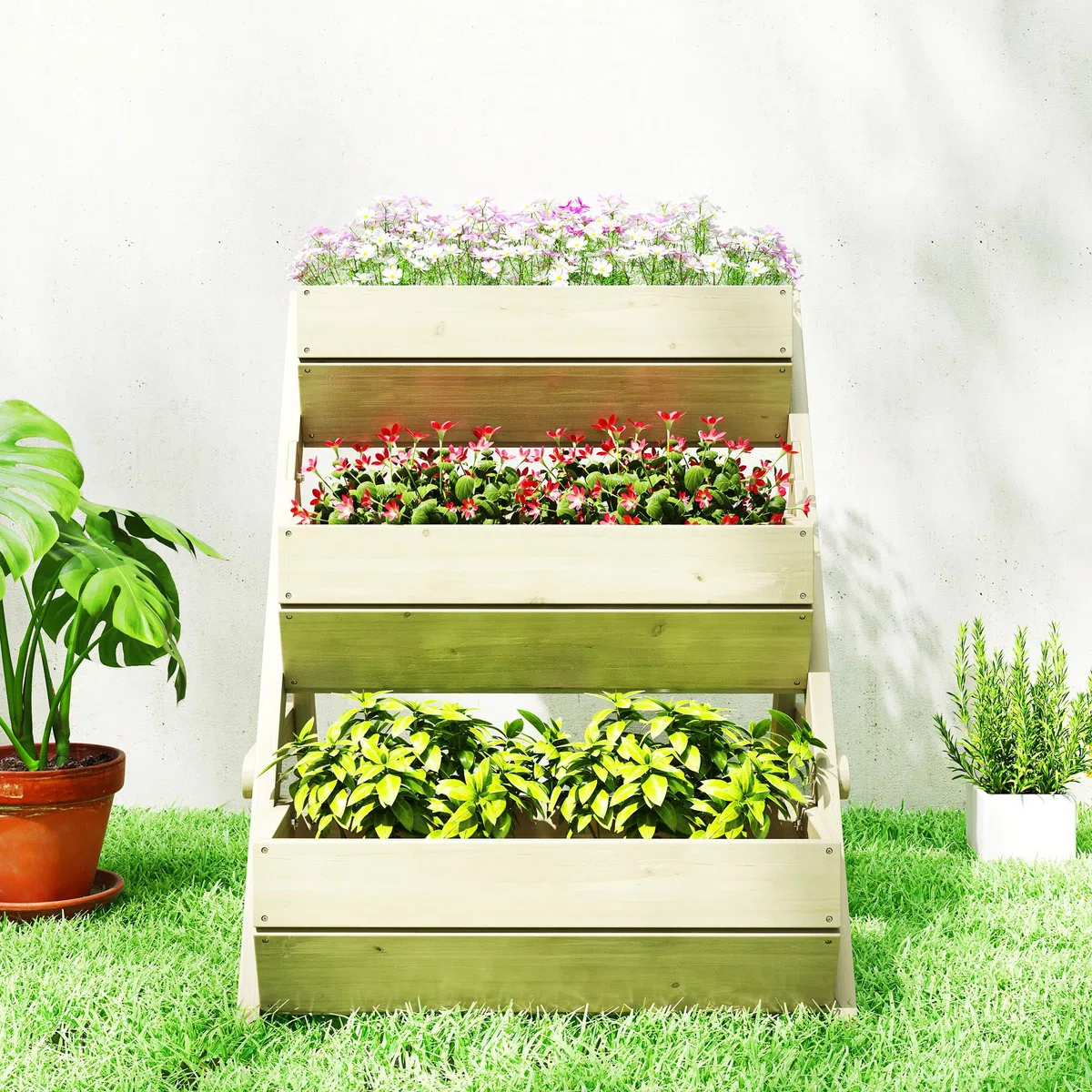 Outsunny Jardinière Surélevée en Bois avec 3 Étages 65 x 75 x 76 cm Vert | Bac à Fleurs, Étagère en Escalier pour Plantes, Trous de Drainage, pour Terrasse Balcon Jardin, Herbes Aromatiques