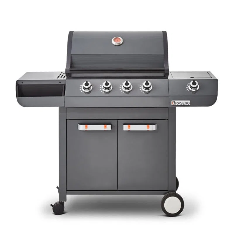 BRASERO BY FAVEX -Barbecue gaz Emma 4 + 1 Side Gun Metal – 4 brûleurs + latéral – 15,1 kW – Grille fonte 64 x 41,5 cm – FLEXIGRILL – 12 convives