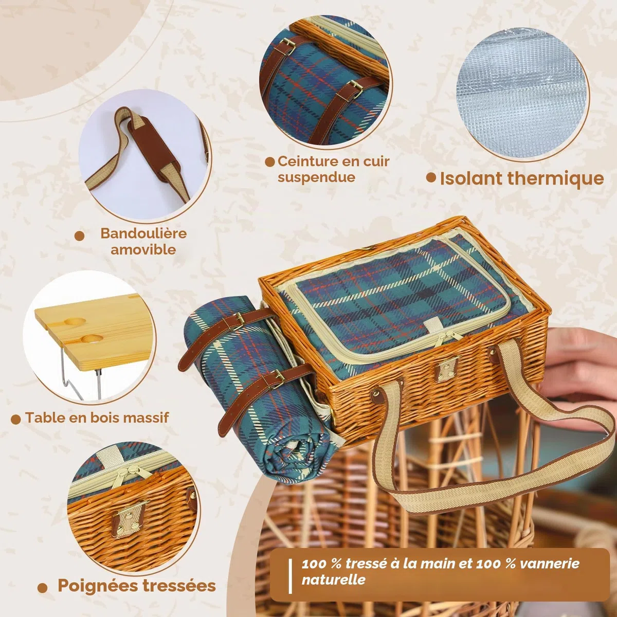 Ensemble de panier de pique-nique avec table pliante et couverts - Panier de pique-nique pour 4 personnes, avec sacs isothermes, panier tressé avec anse, panier en osier - Coffret cadeau pour