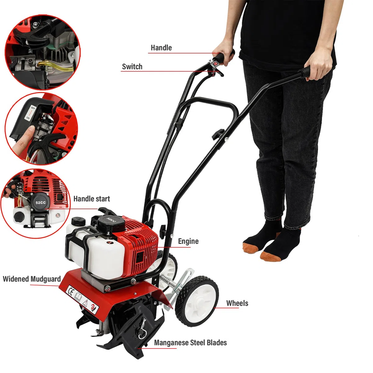 Motoculteur à essence 52CC 2 temps avec 4 lames en acier, largeur de travail de 35 cm, roues réglables en hauteur pour creuser et enlever les mauvaises herbes