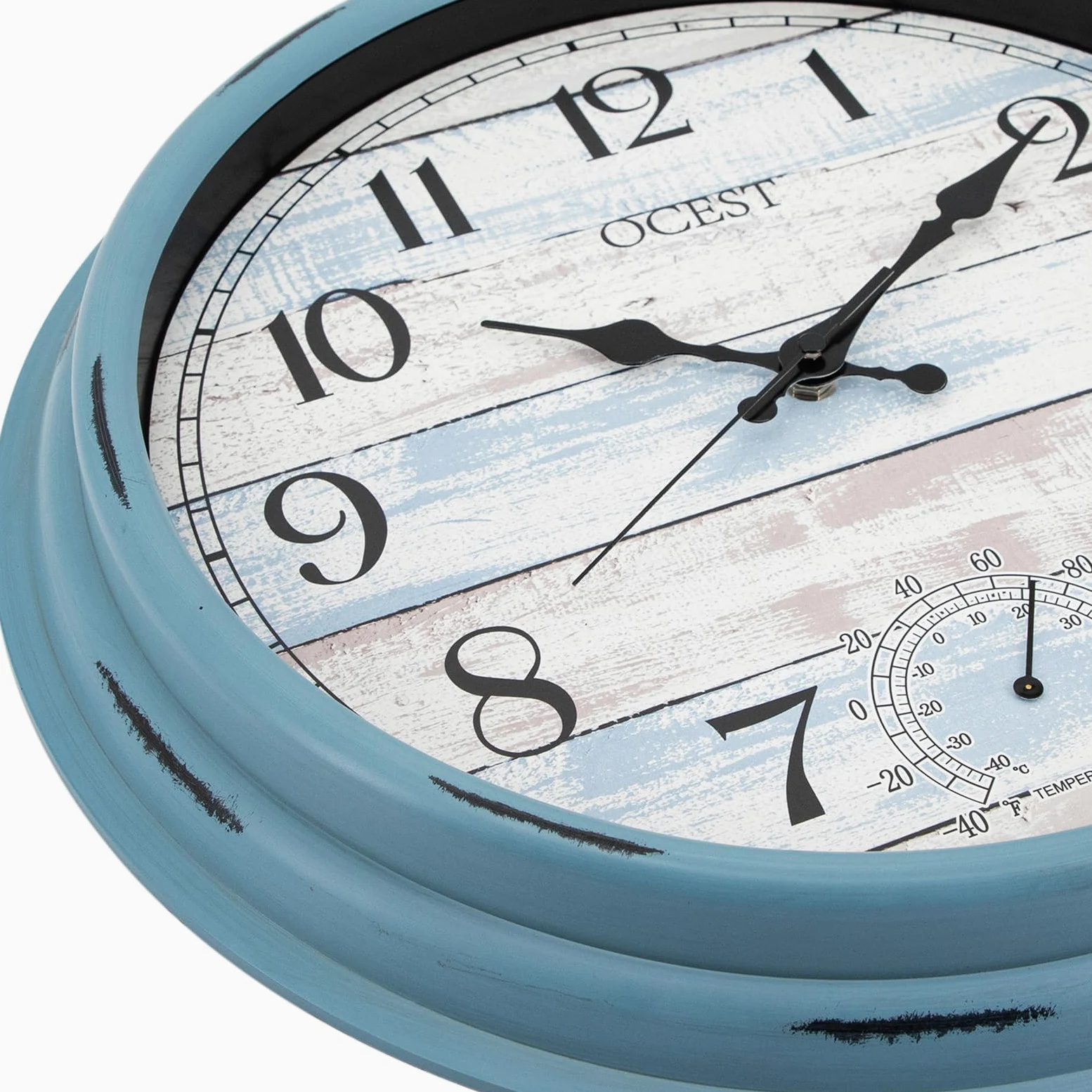 OCEST Grande horloge murale d'intérieur et d'extérieur de 40,6 cm, étanche avec thermomètre, résistante aux intempéries, sans tic-tac, horloge décorative à piles pour terrasse, piscine, porche,
