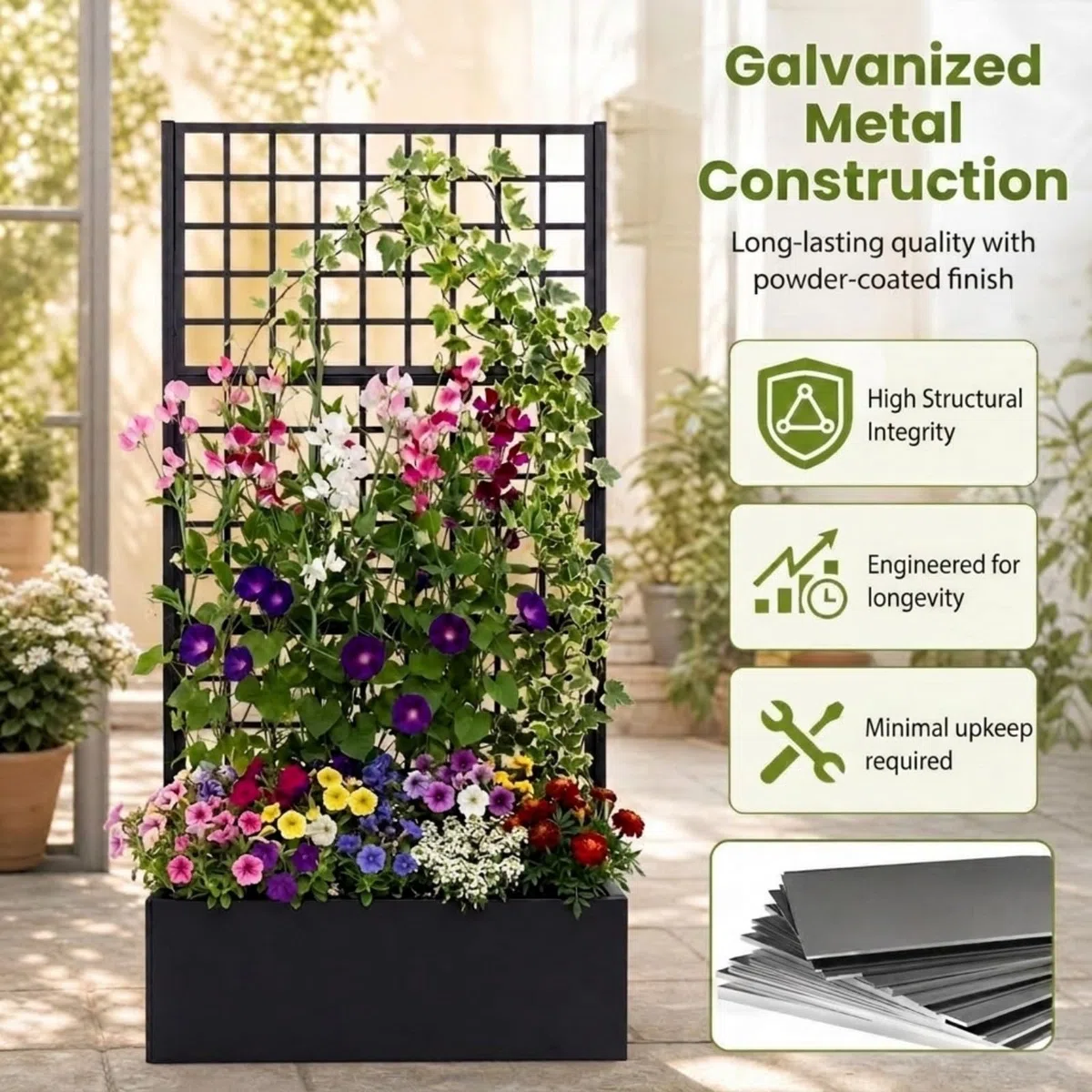 HOMASIS Jardinière avec Treillis en Métal (Rectangle, 90 x 40 x 180 cm) | Bac à Fleurs Surélevé Trous de Drainage pour Plantes Grimpantes, Jardinière Brise-Vue Extérieure