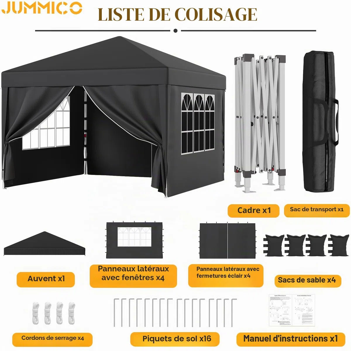 JUMMICO Tonnelle Pliante 3x3 imperméable, Hauteur Réglable, Toile Épaisse avec Fermeture Velcro, Structure Robuste, Protection Anti-UV, Idéale pour Camping, Jardin et Plus Encore, Gris