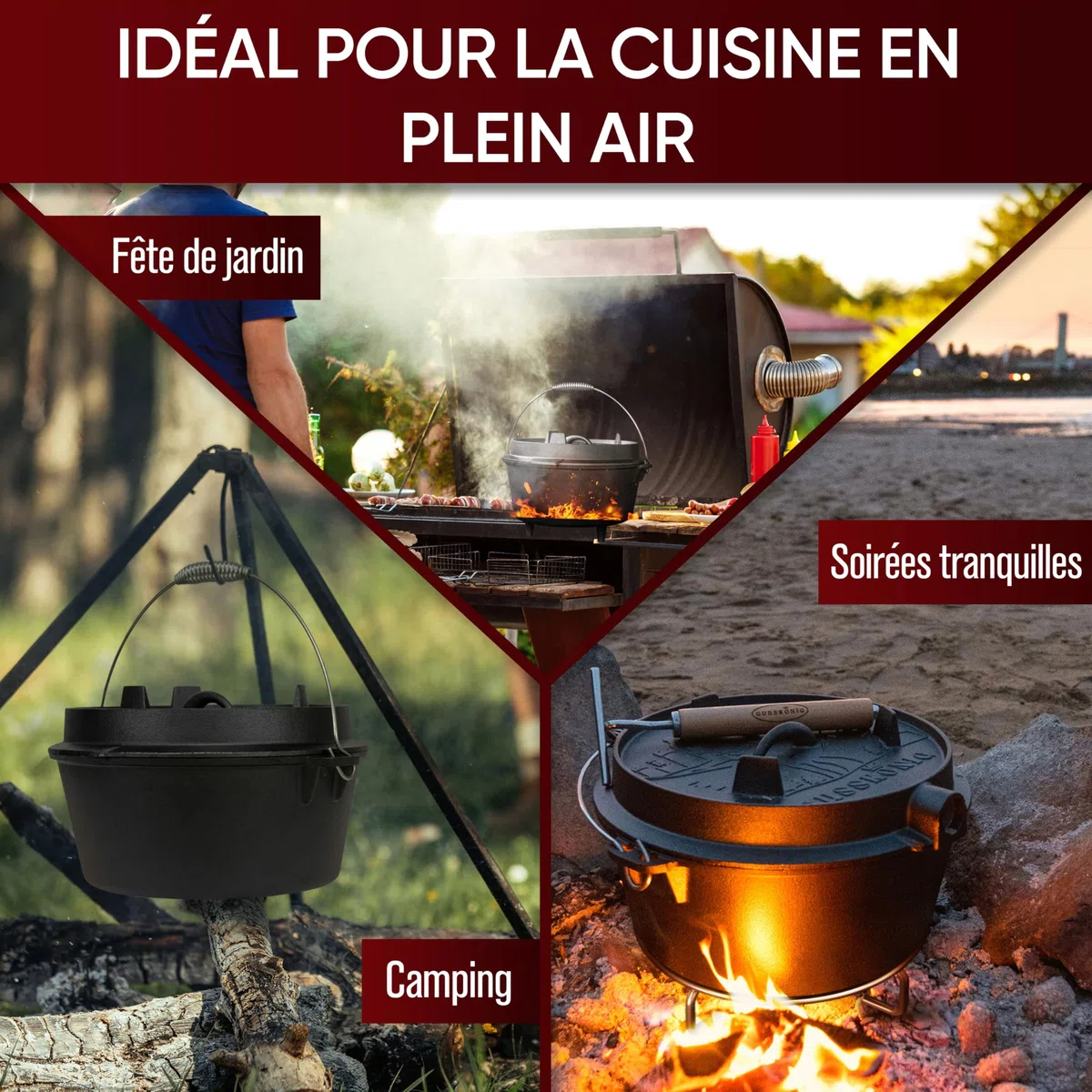 GUSSKÖNIG dutch oven Cocotte Fonte Barbecue - Cocotte Émaillée 9L sans Pieds - Chaudron en fonte - Double Fonction - Marmite fonte-Marmite feu de bois, Inclus : Brosse & Livre de Recettes
