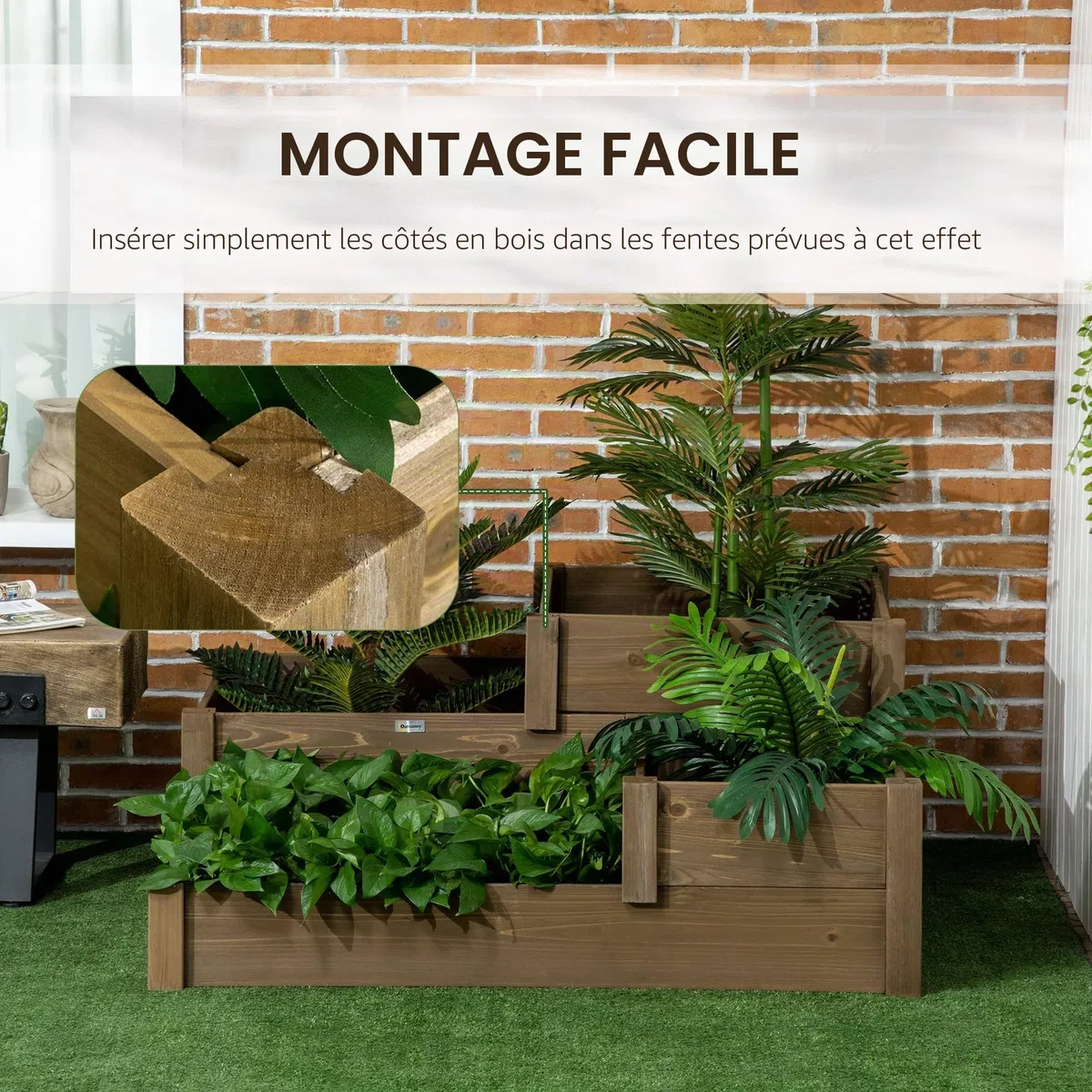 Outsunny Bac à légumes surélevé Bac à fleurs avec 3 niveaux, bac à plantes pour herbes aromatiques sur la terrasse et le balcon, bois de sapin, brun, 122 x 122 x 51 cm