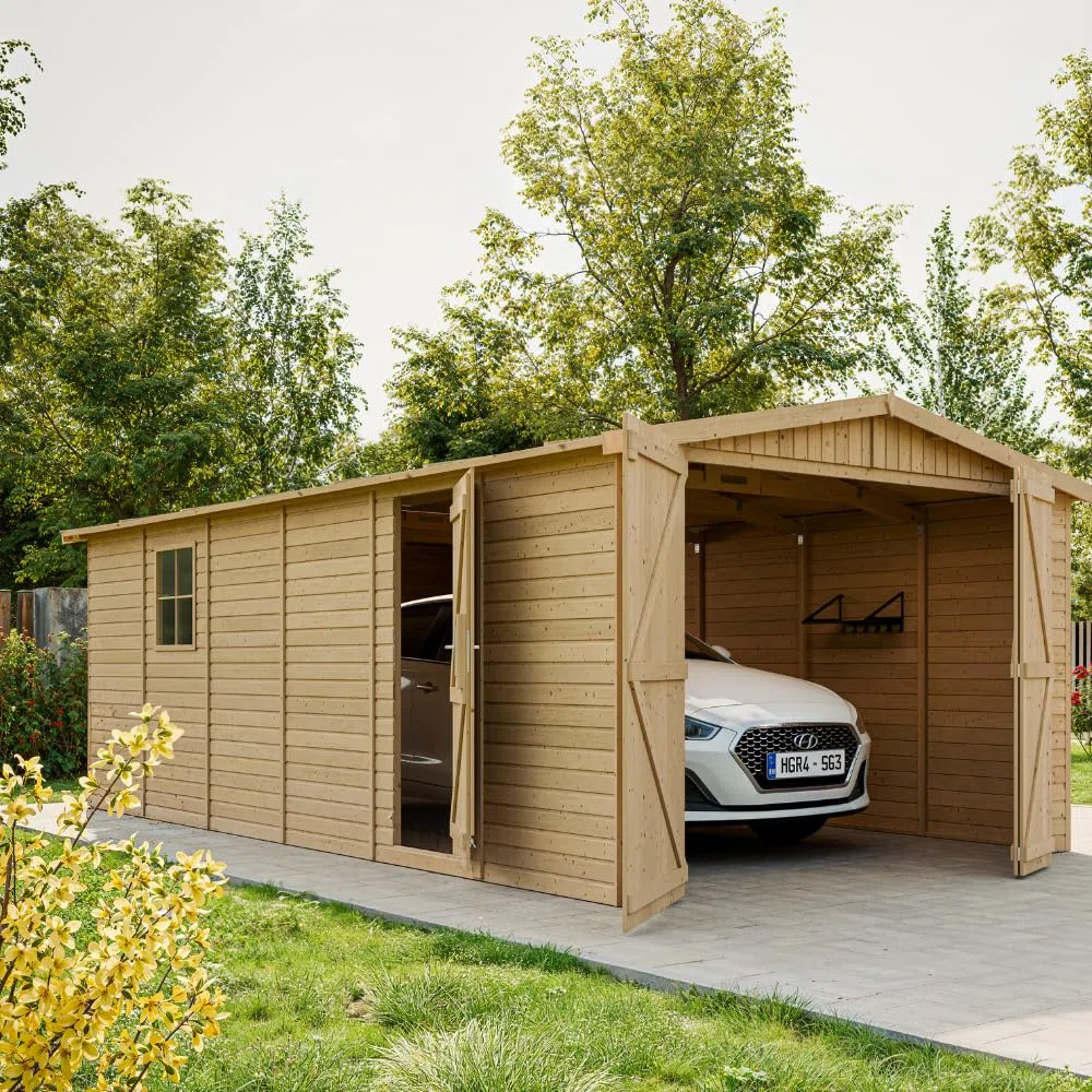 Garage de Jardin Bois Naturel - Abri de Jardin - Chalet en Pin/épicéa- H222X616x324 cm/18 m² - Construction de Panneaux- Rangement pour vélos, Remise à Outils - TIMBELA M102