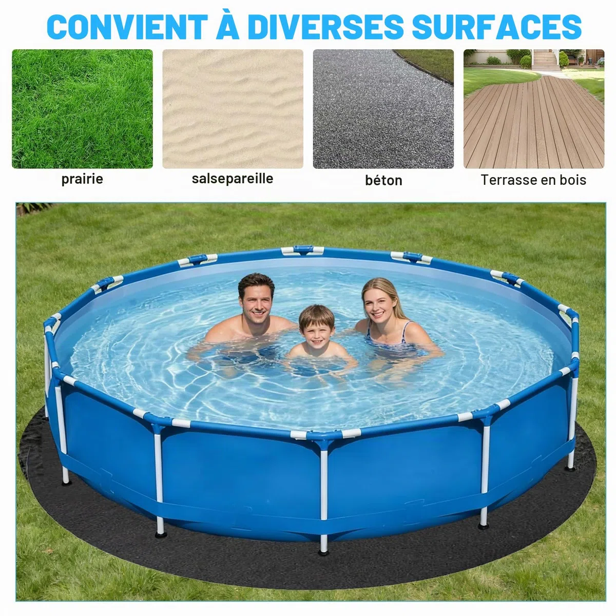 Couverture de piscine ronde 370 cm – sous-couche de piscine antidérapante pour l'extérieur, sous-couche de protection de fond de piscine pour piscines hors sol et spas, pliable, robuste