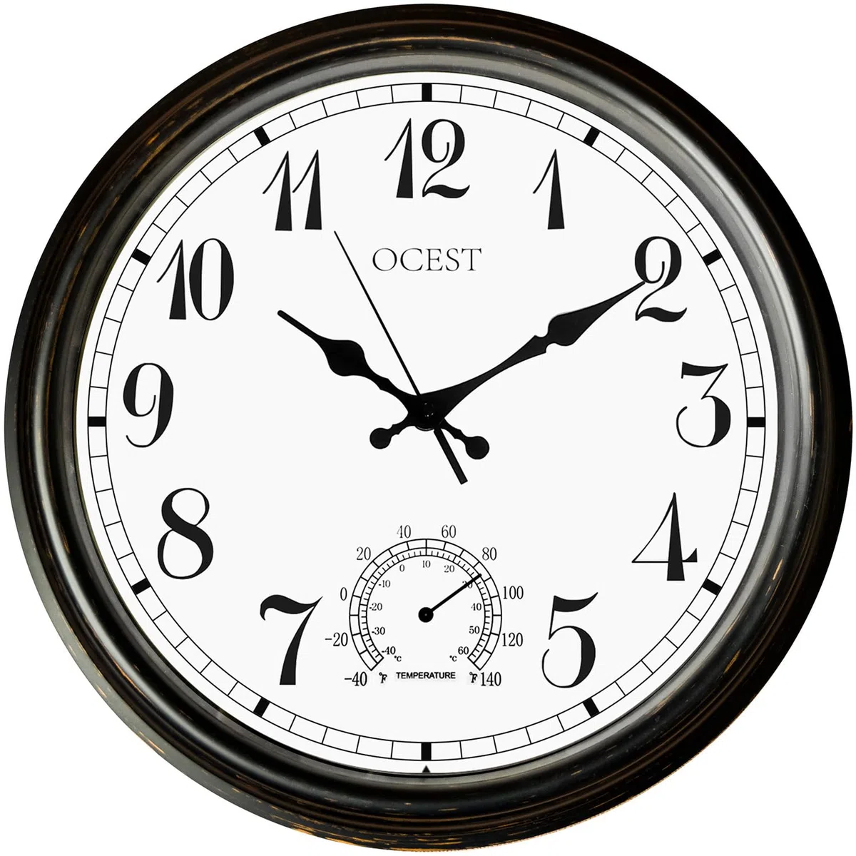 OCEST Grande horloge murale d'extérieur et d'intérieur,Étanche,Avec thermomètre,Résistante aux intempéries,Sans tic-tac,À piles,Pour terrasse, piscine, lanai, clôture, porche, salle de bain,40.6 cm