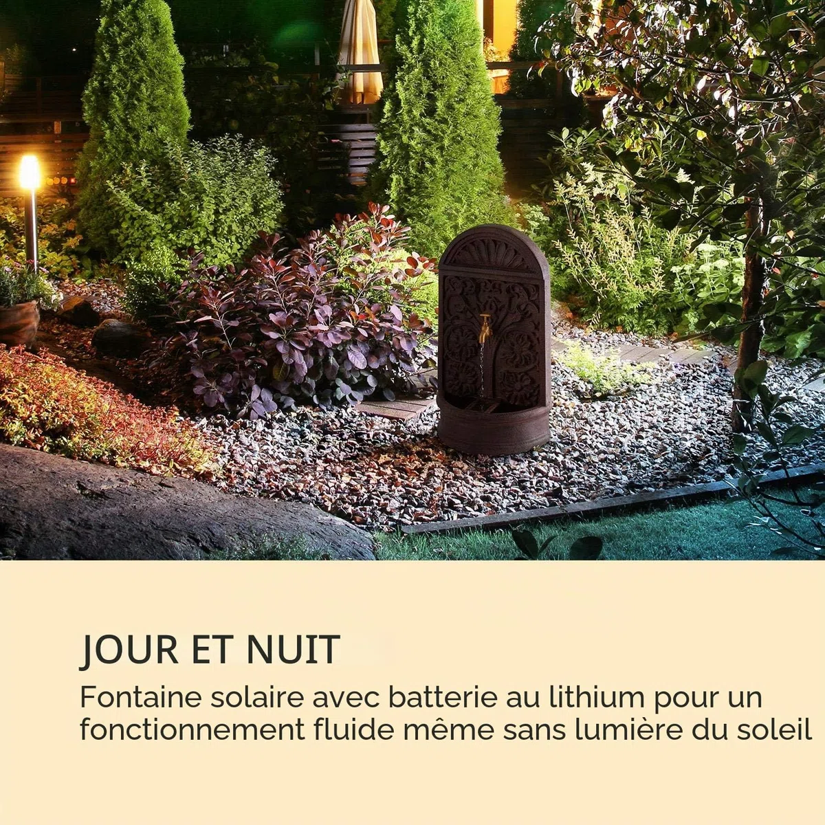 blumfeldt Blumquell - Fontaine de Jardin Solaire, décorative, éclairage LED: Blanc, pour l'extérieur, Motifs Floraux, Batterie, câble Extra Long 5m - Marron