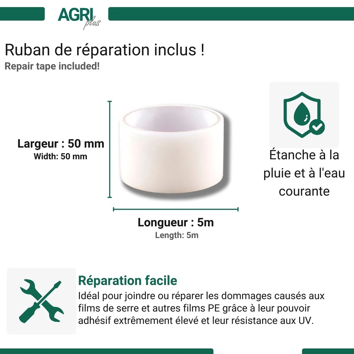 AGRI plus Film de Serre avec Bande de réparation I 4,5 x 5 m I épaisseur 0,200 mm I Film de Jardin pour Couverture I bâche de Protection résistante aux intempéries & 5 Ans de résistance aux UV