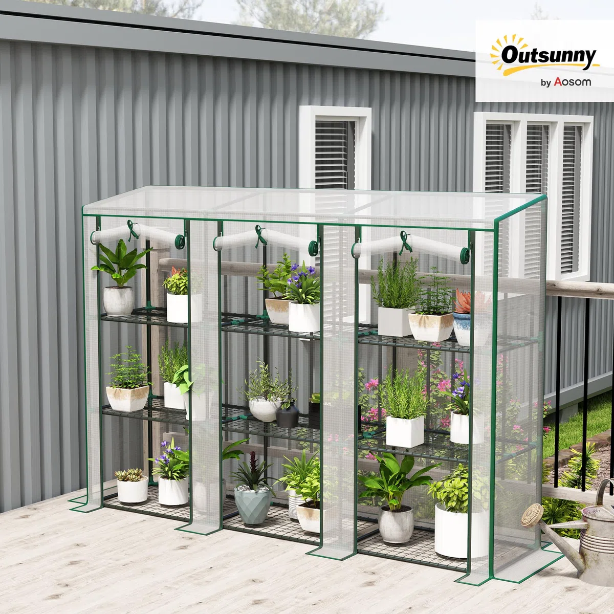 Outsunny Serre de Jardin PE avec étagères 3 Niveaux, Serre de Balcon, bâche renforcée 140 g/m², châssis en Acier, 2 Portes zippées enroulables pour légumes Plantes Fleurs 215x46x151cm Blanc