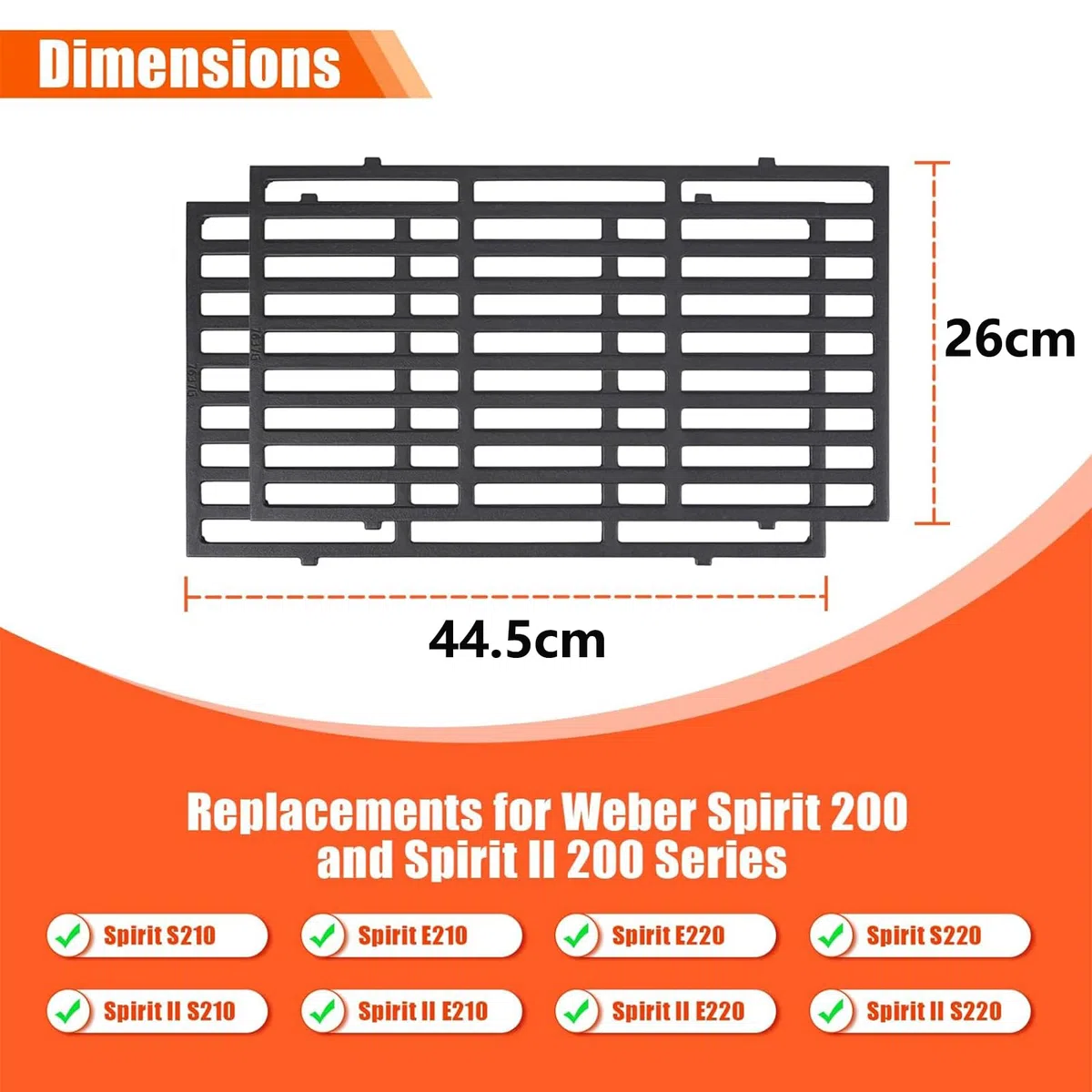 GFTIME 7637 44,5cm Grille Cuisson pour Weber Spirit I & II 200, Spirit 200 E-210, E-220, S-210, S-220 (Boutons de Commande Avant), Fonte Pieces Detachees Grille pour Weber Spirit 210 Barbecues à Gaz