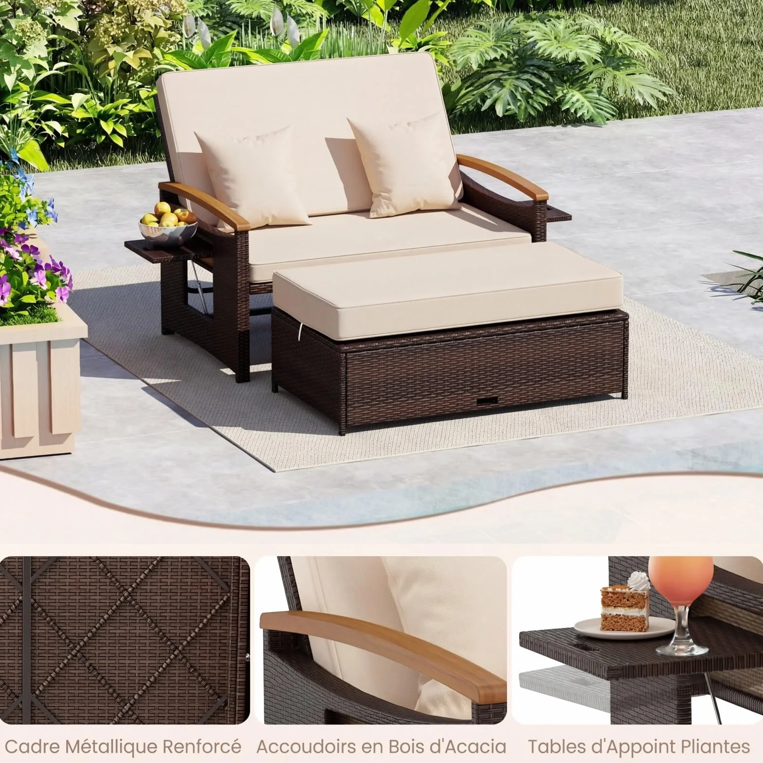 COSTWAY Salon de Jardin en Rotin avec Ottoman de Rangement, Bain de Soleil avec Plateau Latéral Rétractable Dossier Réglable sur 4 Niveaux, Canapé à 2 Places pour Jardin Patio Piscine (Marron+Beige)
