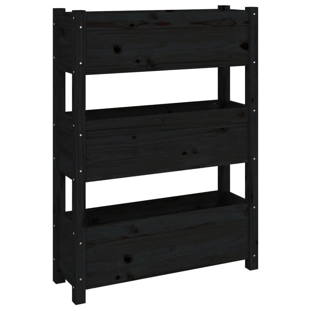 Jardinière Noir 77x25x104,5 cm Bois Massif de Pin - Carré Potager Vertical 3 Bacs pour Balcon, Jardin et Terrasse - Lit Surélevé Robuste et Grand Espace de Plantation