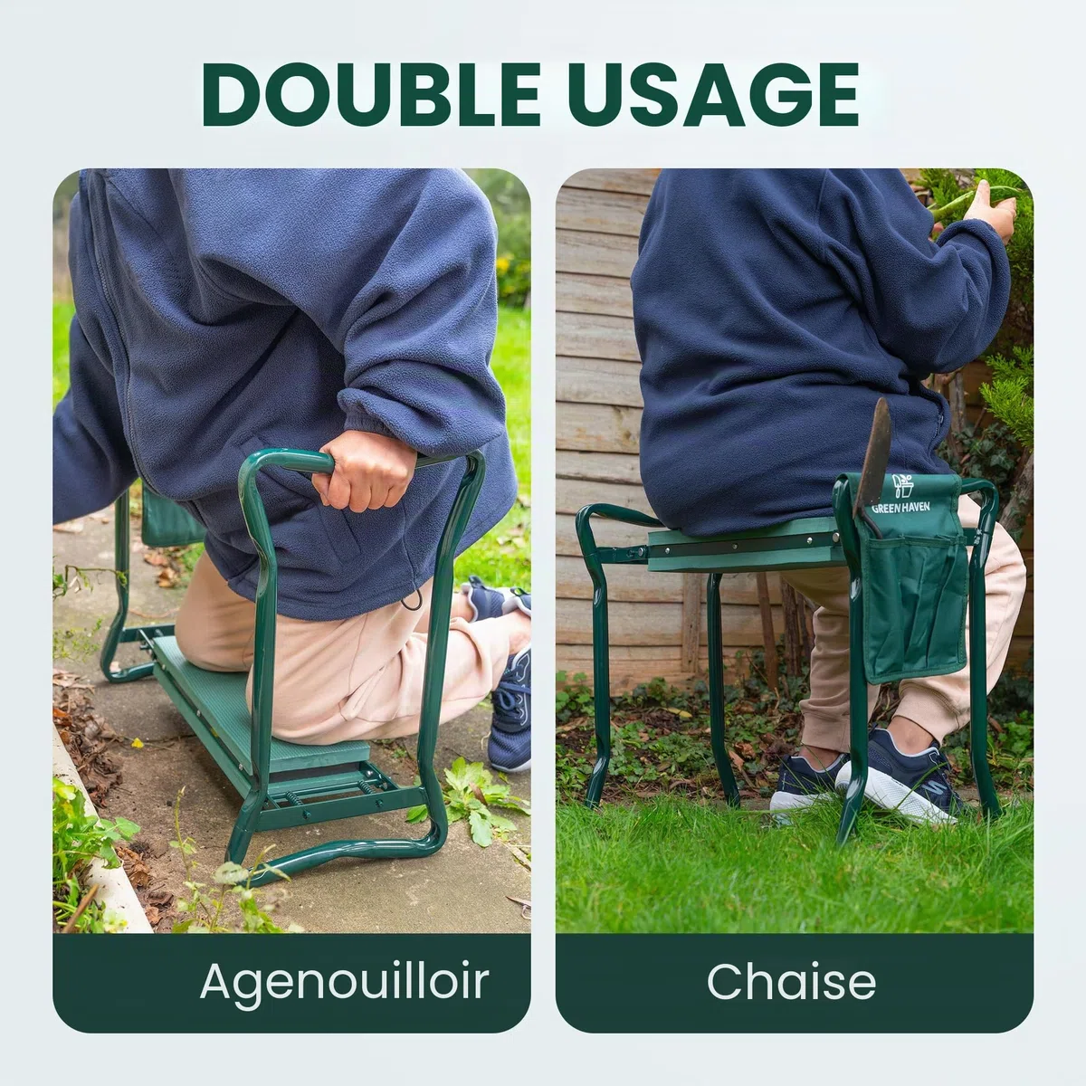 Green Haven Repose-Genoux de Jardin avec poignées et Sac à Outils – Tabouret à Genoux Pliable et Robuste pour Le Jardinage – Coussin de Genoux de Jardin rembourré en Mousse EVA, Cadeau pour Les