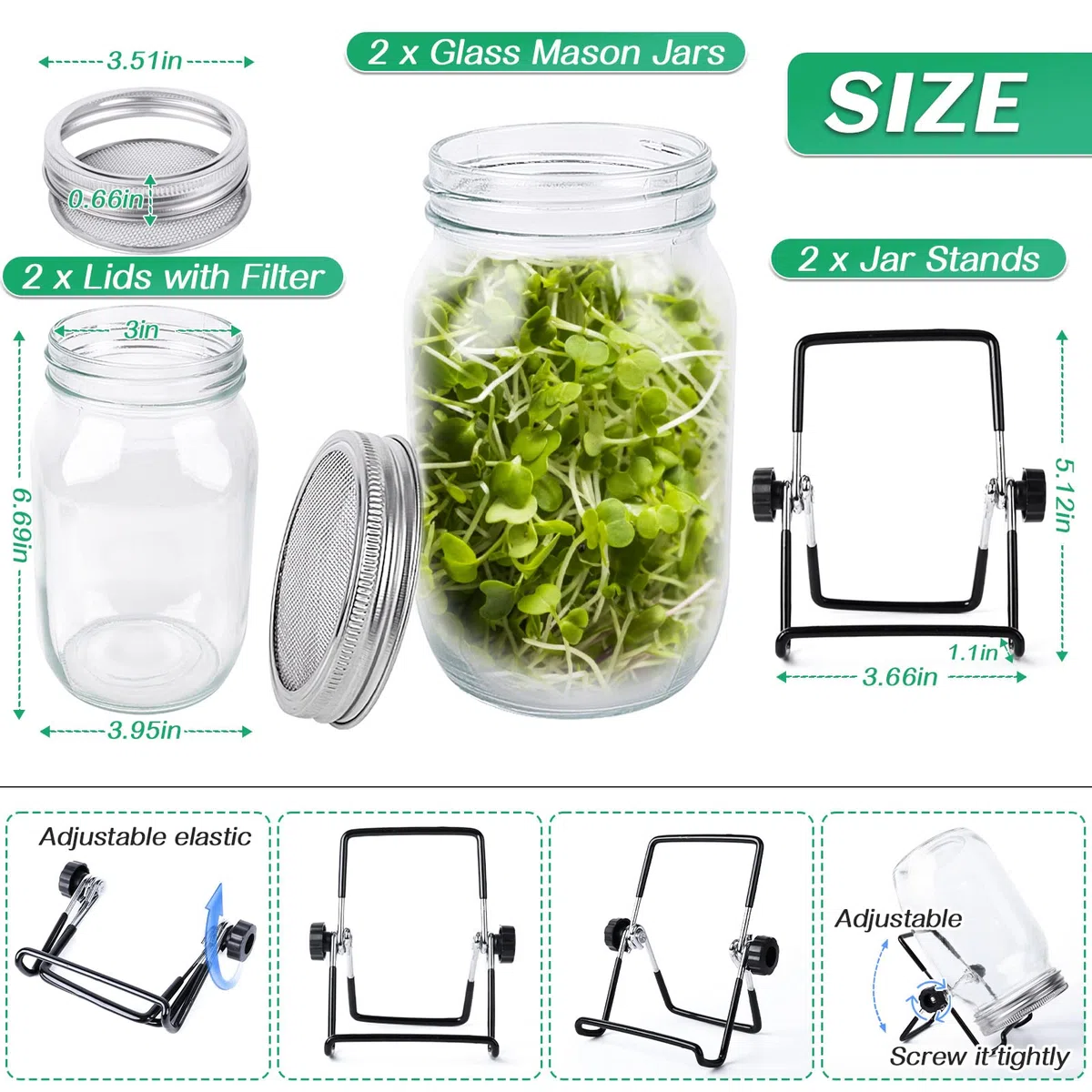 Kit de germination de graines avec 2 bocaux Mason à large ouverture - Kit de culture de germes de haricots - Pot de culture avec couvercles en maille - Pour faire pousser du brocoli, de la luzerne, du