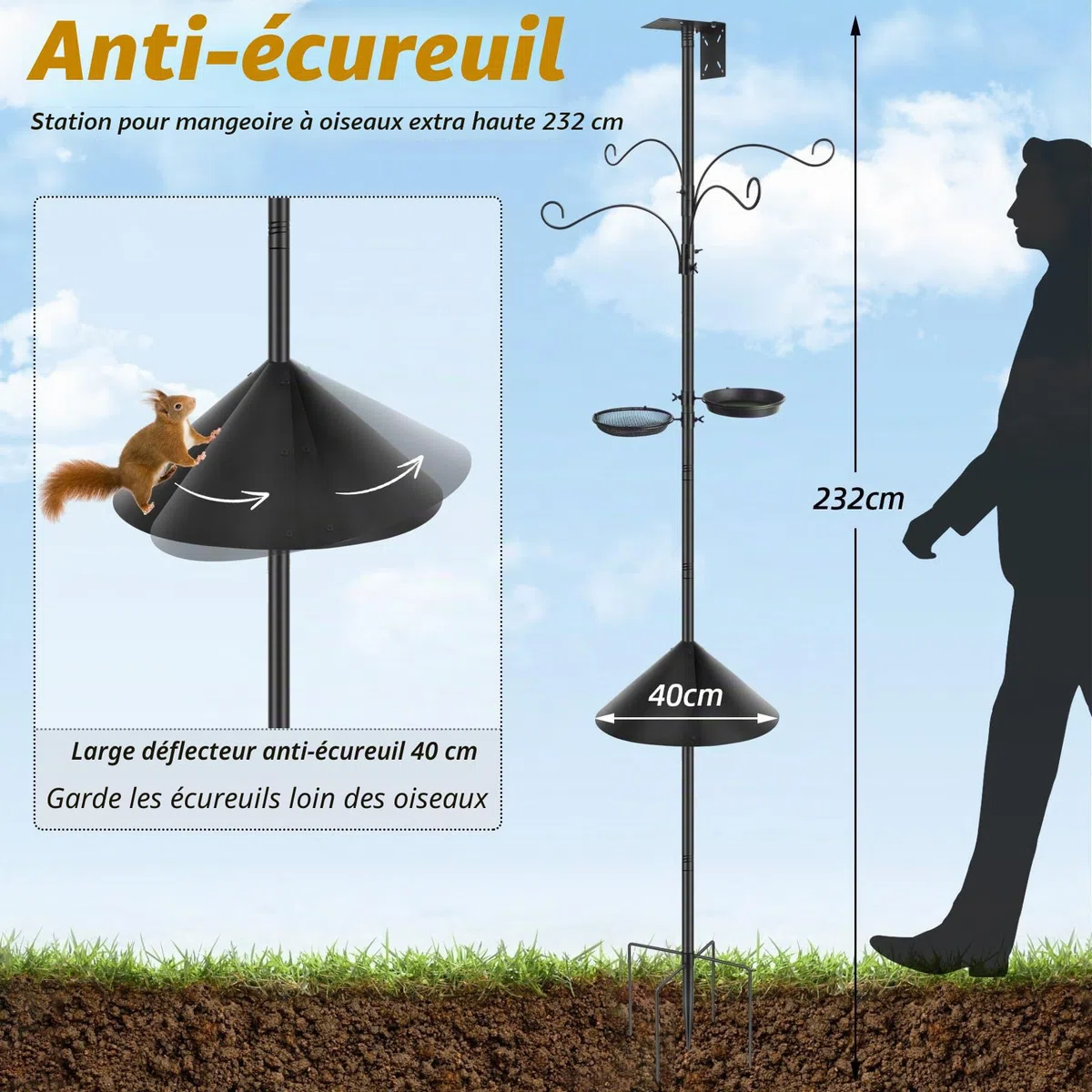 Mangeoires à oiseaux - Station de suspension en métal robuste - 232 cm de haut - Pour attirer les oiseaux sauvages