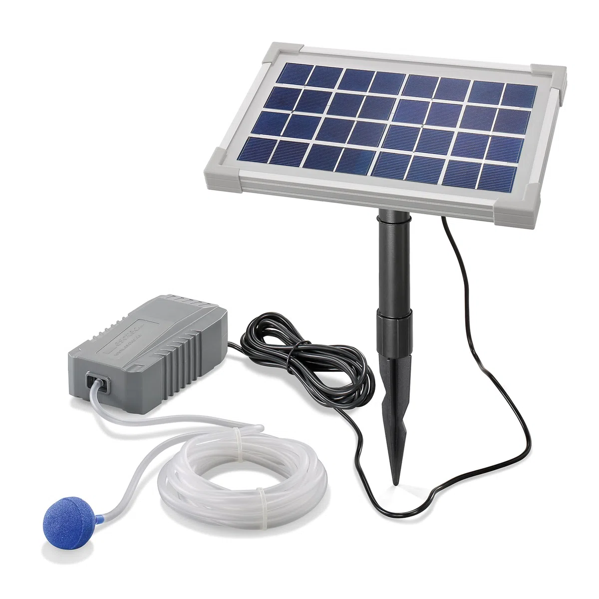esotec Aérateur solaire de bassin 3.5/130, aération de bassin, pompe à oxygène, débit d'air 130 l/h, module solaire 3,5 W, piquet de terre, tuyau d'air, 101841