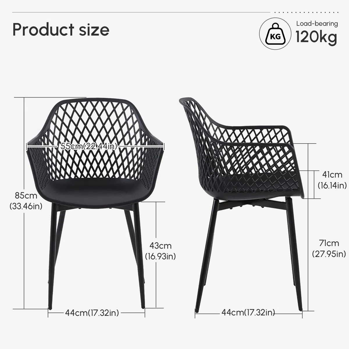 buybyroom Lot de 4 Chaise de Jardin, Chaise Exterieur Terrasse, Siège en PP, Pieds en Métal avec Accoudoirs et Patins Réglables, Charge Maximale 120 KG, Noir