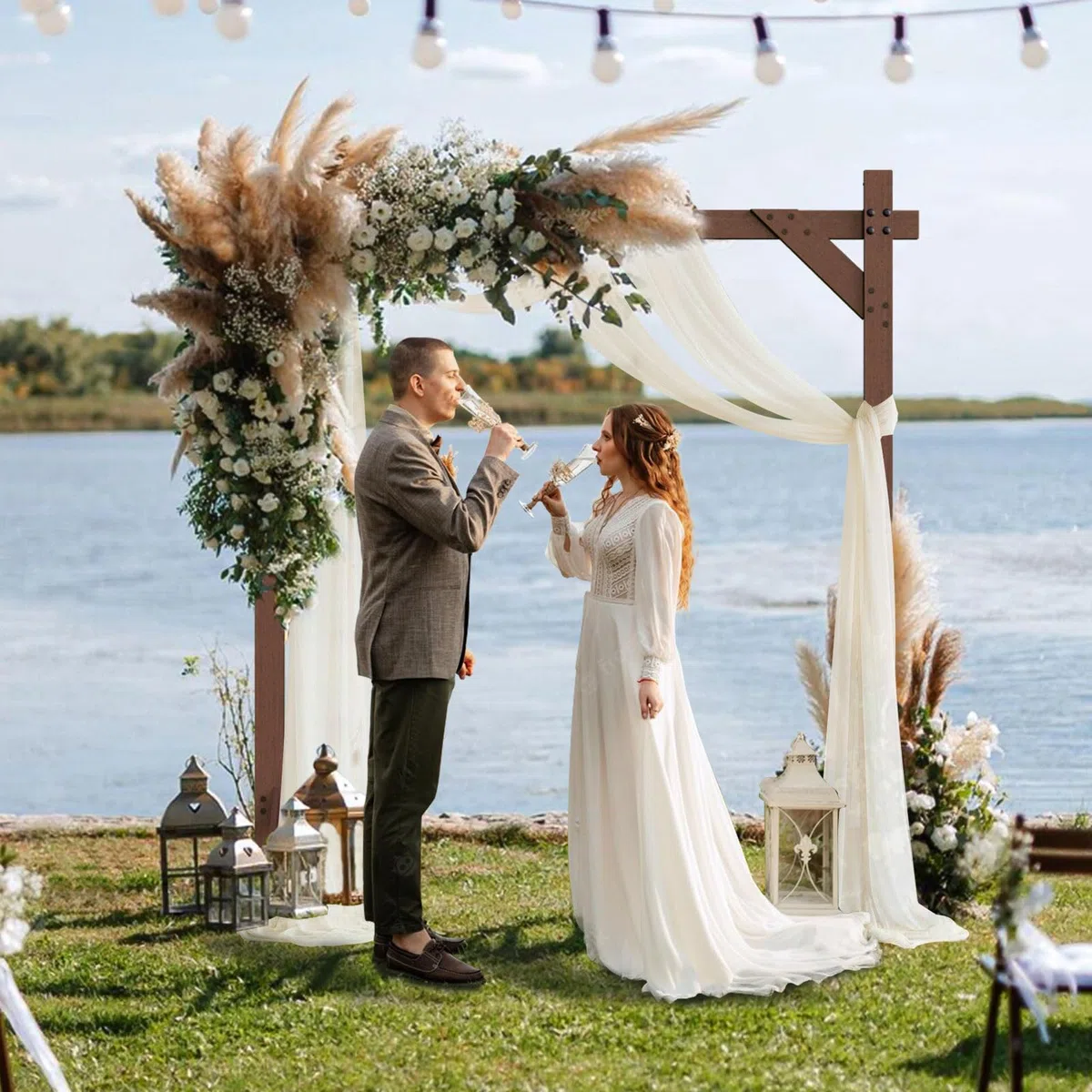 PlusFive Arche de mariage carrée en bois de 2,28 m, grand cadre d'arche de mariage en bois pour demande en mariage, anniversaire, Saint-Valentin, extérieur et intérieur, décoration de jardin rustique
