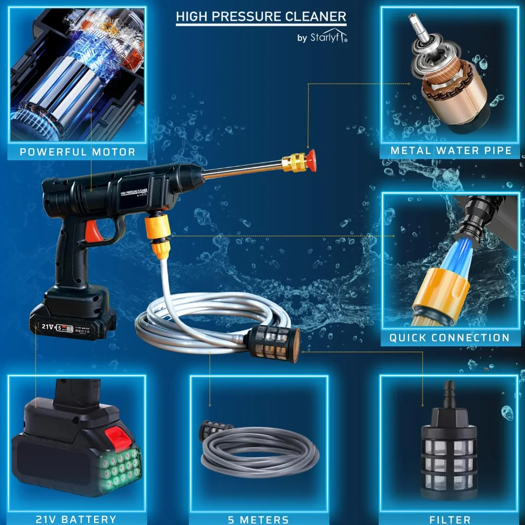 STARLYF Nettoyeur Haute Pression sans Fil Haute Pression, Pistolet Portable à Eau Haute Pression, Pistolet de Lavage de Voiture, connecteur pour Robinet
