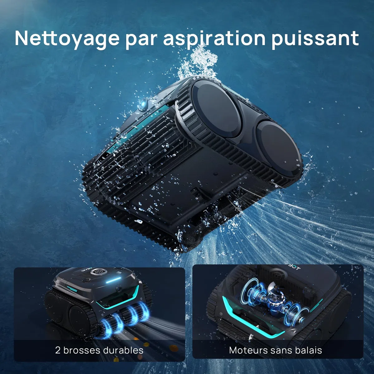 WYBOT (Nouveau Modèle) Robot Piscine sans Fil C2 Vision-A avec caméra IA, Filtration Ultra-Fine, Forte Aspiration, Nettoyage Fond/parois & Ligne d’Eau, Navigation Intelligente – NoirVertProfond