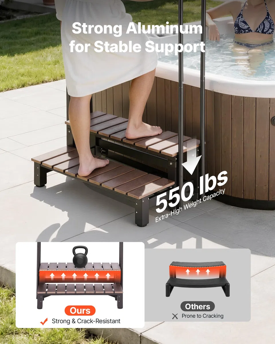 VEVOR Escalier pour Spa à 2 Marches avec Mains Courantes Capacité 250 kg | Marchepied Antidérapant, Largeur 820 mm, Structure Acier et HIPS, pour Piscine Hors-sol, Spa Gonflable, Camping-car, Terrasse