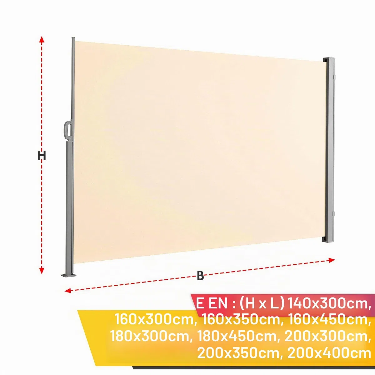 Floordirekt Store latéral en aluminium, 180 x 450 cm, beige, extensible, brise-vue et protection solaire, pour balcon et terrasse, polyester 280 g/m² (PU), protection UV UPF50+, avec support au sol