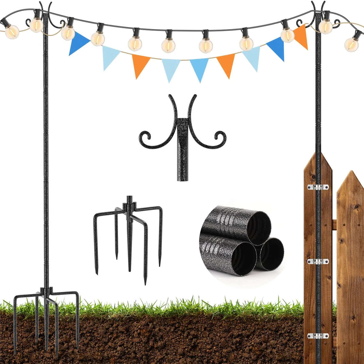 Lot de 2 crochets de jardin avec crochets de 305 cm en métal avec finition martelée, support de lanterne réglable en hauteur pour guirlandes lumineuses, lanternes, paniers à plantes, lampes solaires