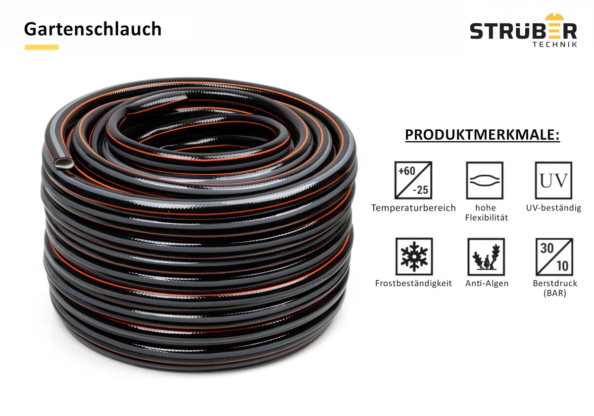 STRÜBER Tuyau d'arrosage à 4 couches (3/4" pouce / 50 m) Tuyau de jardin flexible et dimensionnellement CARBON - Résistant aux UV