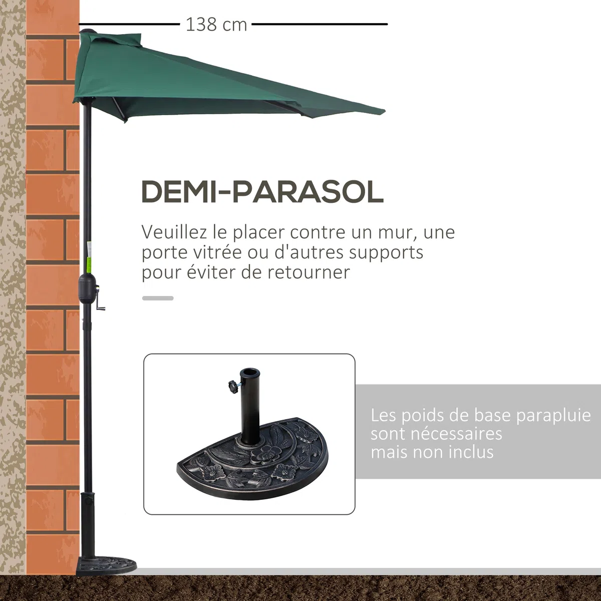 Outsunny Demi-Parasol Ø 2,7 m parasol de balcon 5 entretoises métal polyester