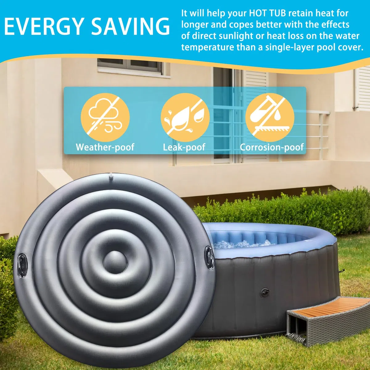 Couvercle de Bain à Remous, 160CM Couverture De Spa Gonflable avec Poignée, Couverture De Spa pour Bain À Remous, Économie D'Énergie, Universel et Pratique pour Spa (Noir, Rond-160CM)