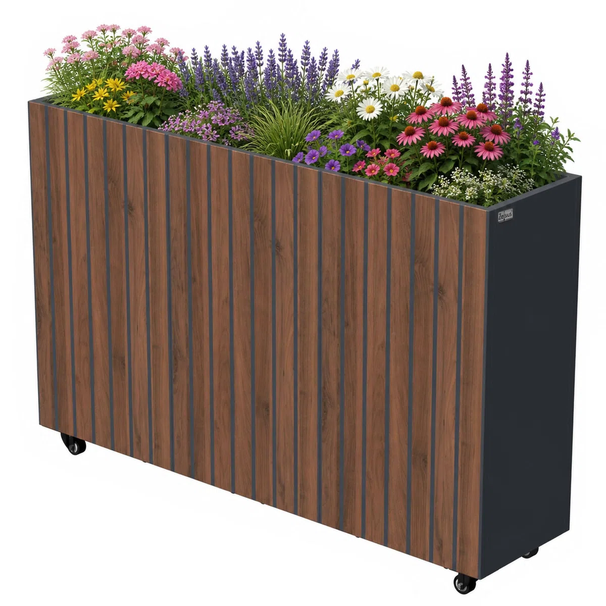 Zelsius Jardinière surélevée en acier galvanisé avec roues 120 x 30 x 80 cm | Anthracite RAL 7016 Aspect bois de noyer | Bac à fleurs, jardinière, plate-bande, potager, bac à herbes, pot de fleurs